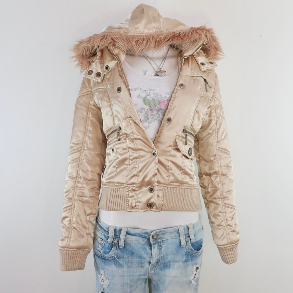 y2k beige satin bomber jacket pink faux fur hood cropped